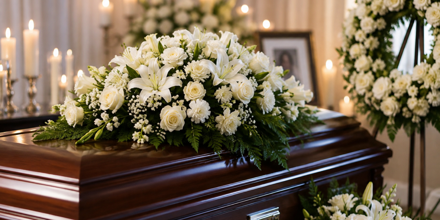Funeral flowers and white roses representing a memorial service